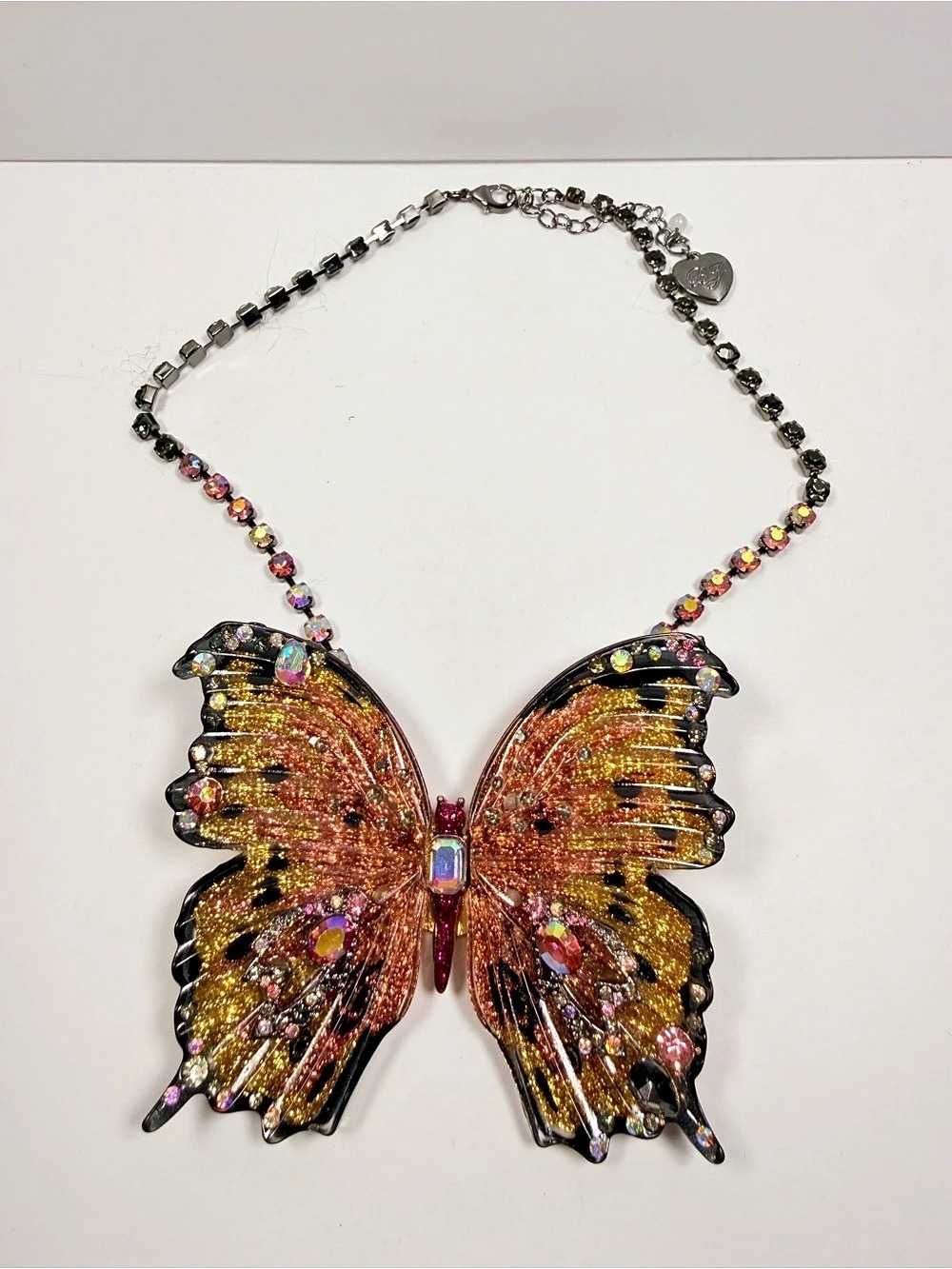 Betsey Johnson Large Pink Glitter Butterfly Pendant Necklace